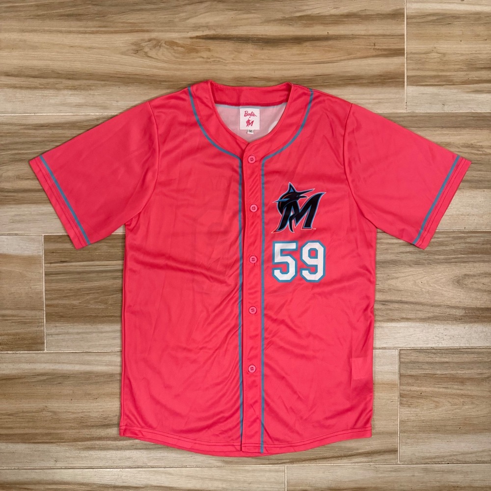 VTG Style Miami Marlins Barbie Night Jersey Pink Teal Logo Size M SGA 1959